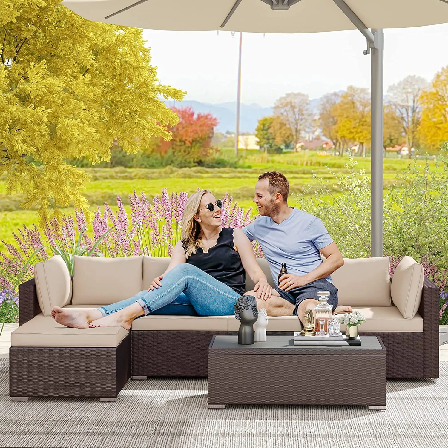 6 Pcs Outdoor Sectional Sofa Set Clearance Patio Rattan Furniture with Coffee Table, All Weather Wicker Conversation Set(Khaki)