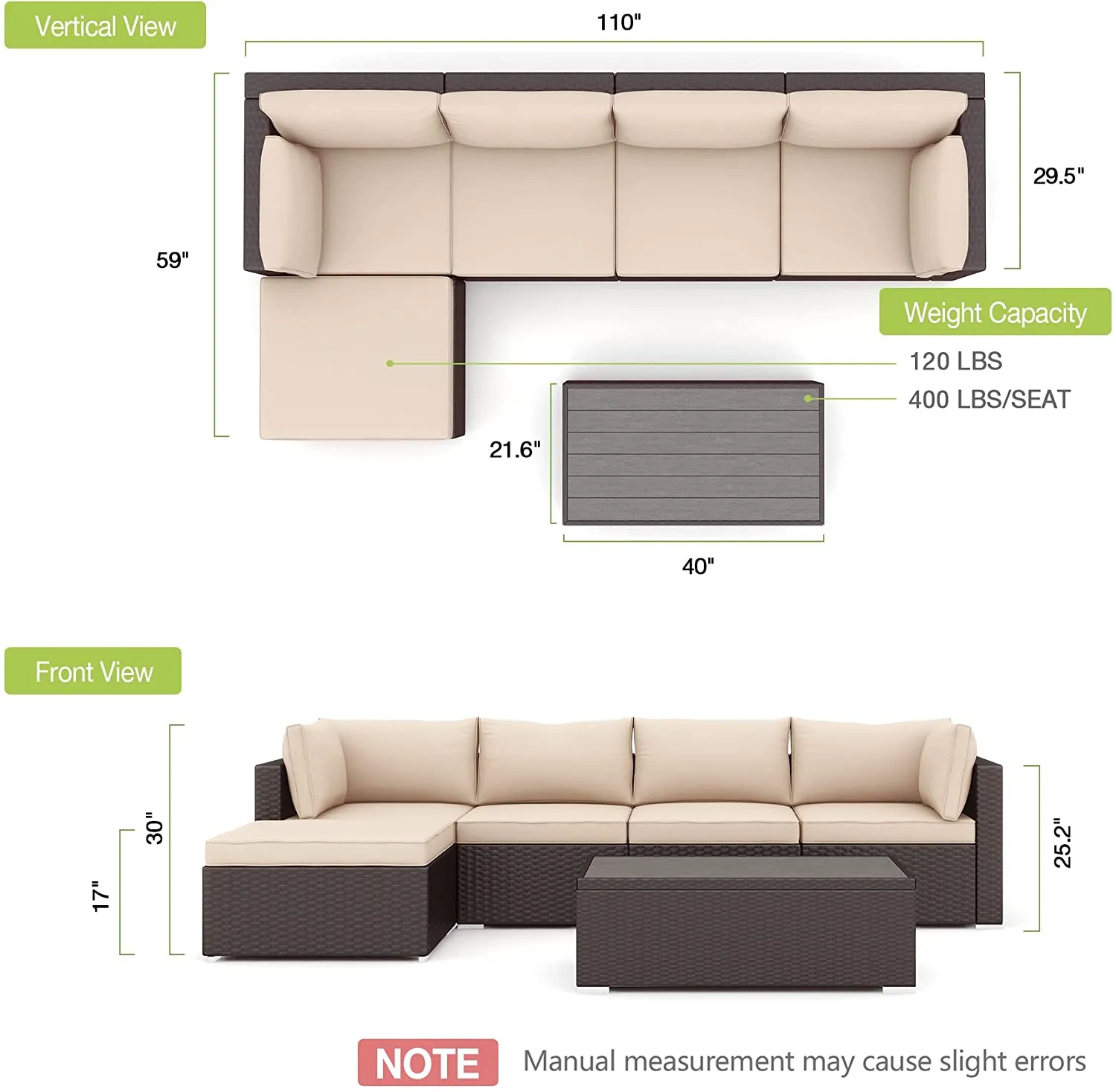 6 Pcs Outdoor Sectional Sofa Set Clearance Patio Rattan Furniture with Coffee Table, All Weather Wicker Conversation Set(Khaki)