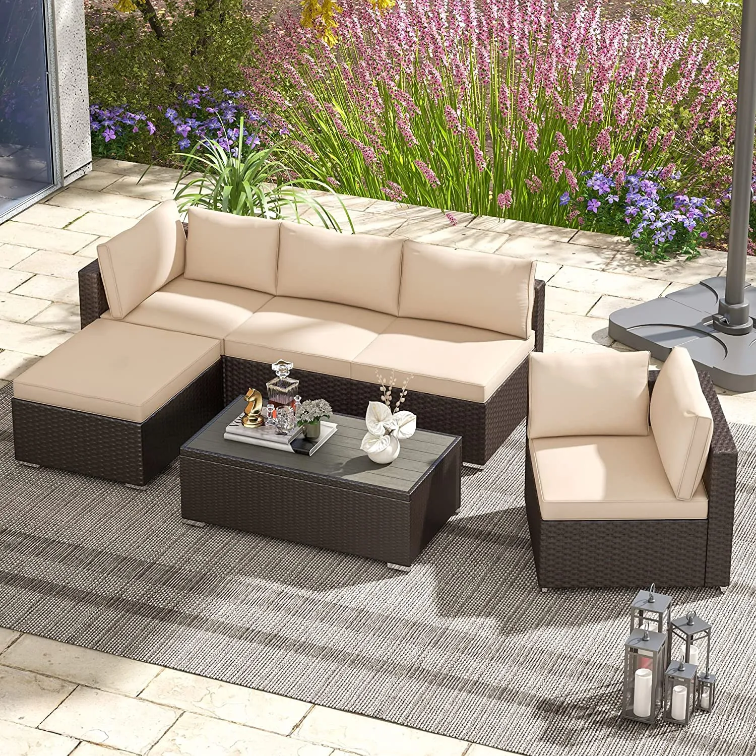 6 Pcs Outdoor Sectional Sofa Set Clearance Patio Rattan Furniture with Coffee Table, All Weather Wicker Conversation Set(Khaki)