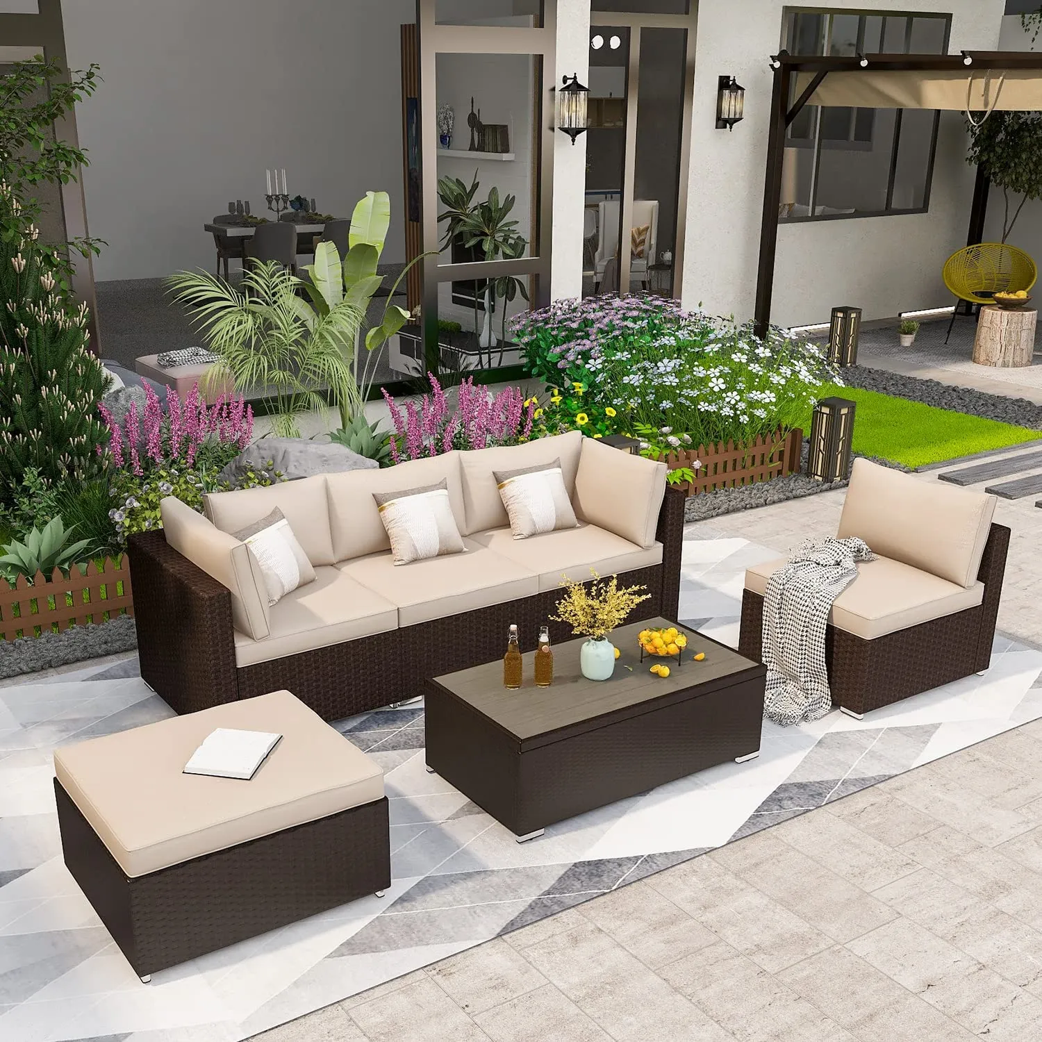 6 Pcs Outdoor Sectional Sofa Set Clearance Patio Rattan Furniture with Coffee Table, All Weather Wicker Conversation Set(Khaki)
