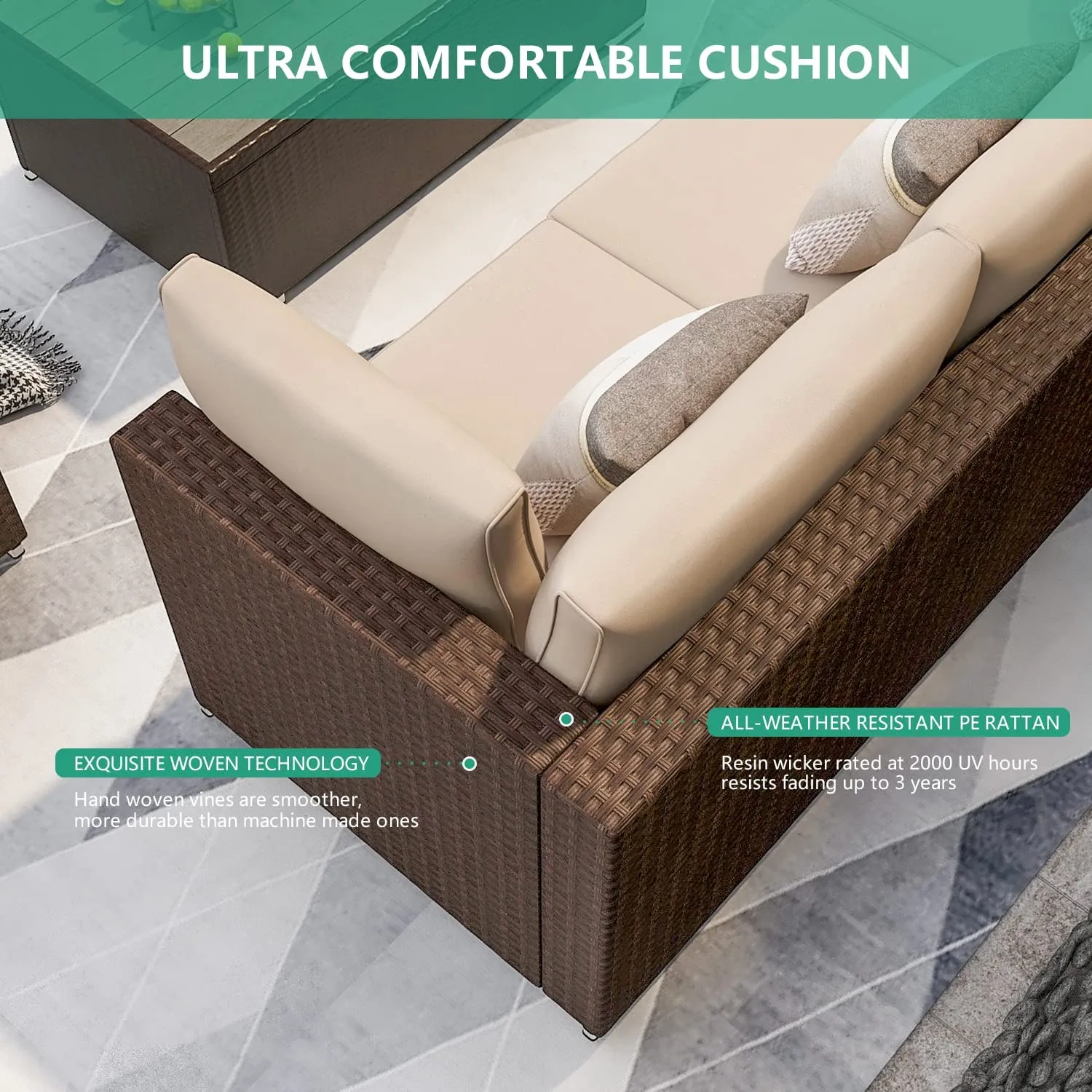 6 Pcs Outdoor Sectional Sofa Set Clearance Patio Rattan Furniture with Coffee Table, All Weather Wicker Conversation Set(Khaki)