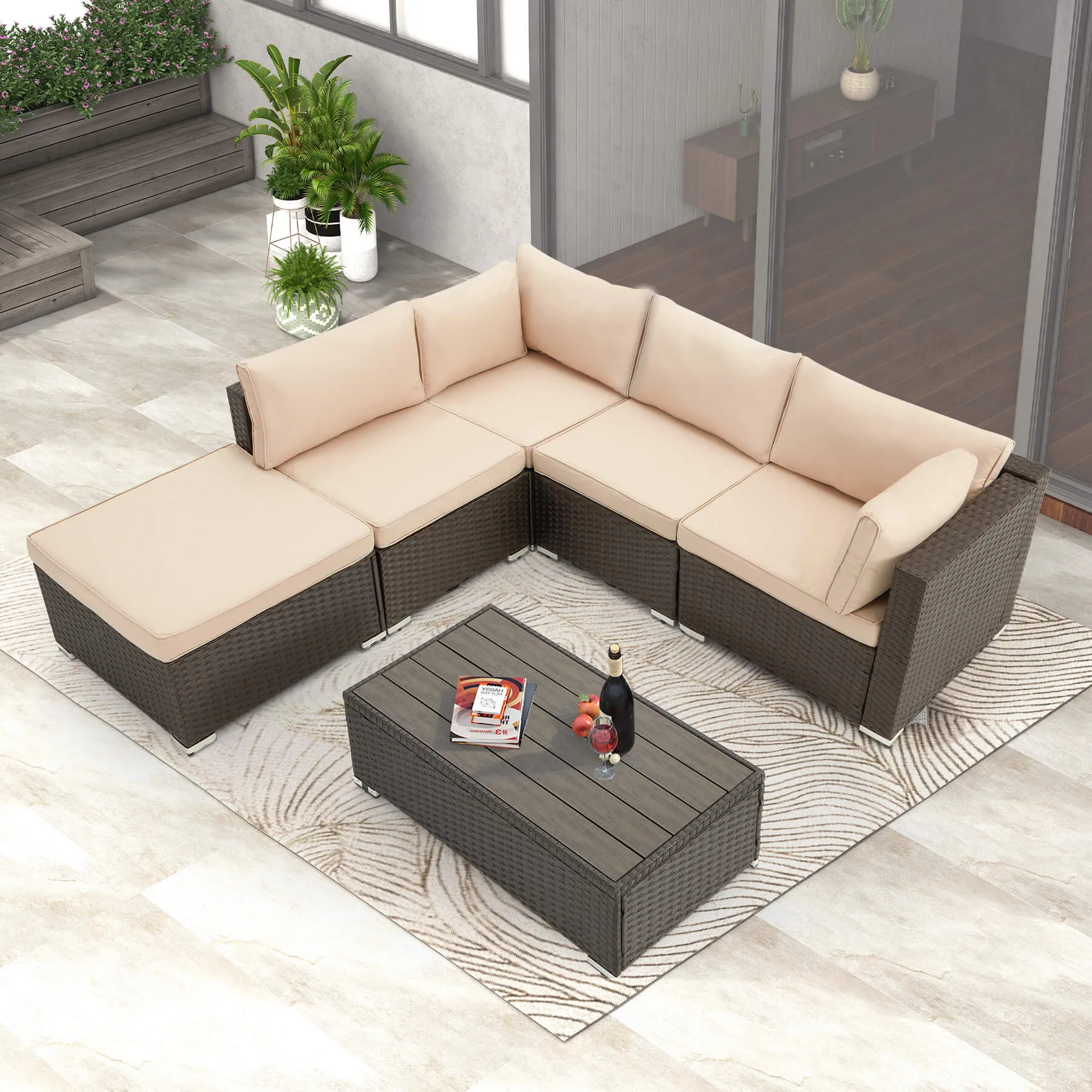 6 Pcs Outdoor Sectional Sofa Set Clearance Patio Rattan Furniture with Coffee Table, All Weather Wicker Conversation Set(Khaki)