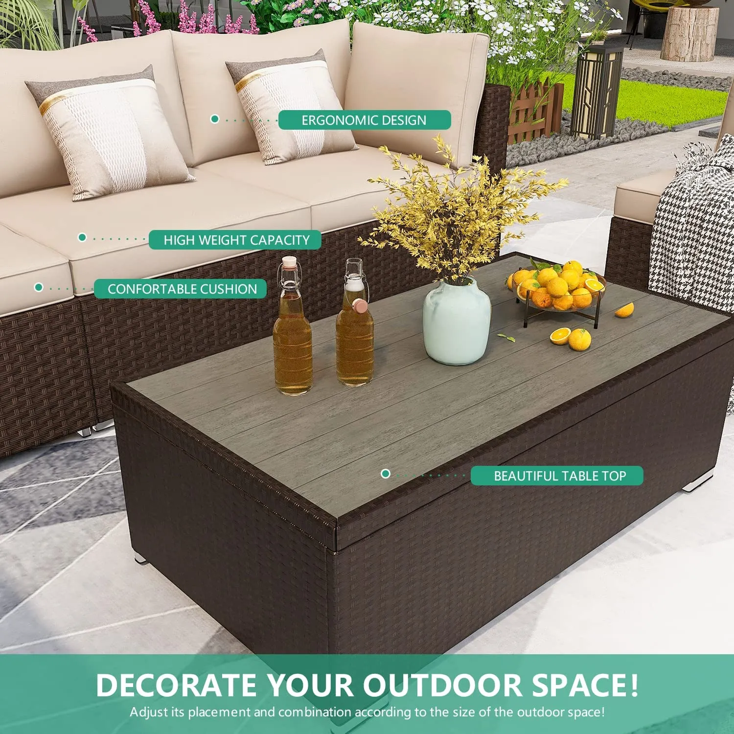 6 Pcs Outdoor Sectional Sofa Set Clearance Patio Rattan Furniture with Coffee Table, All Weather Wicker Conversation Set(Khaki)