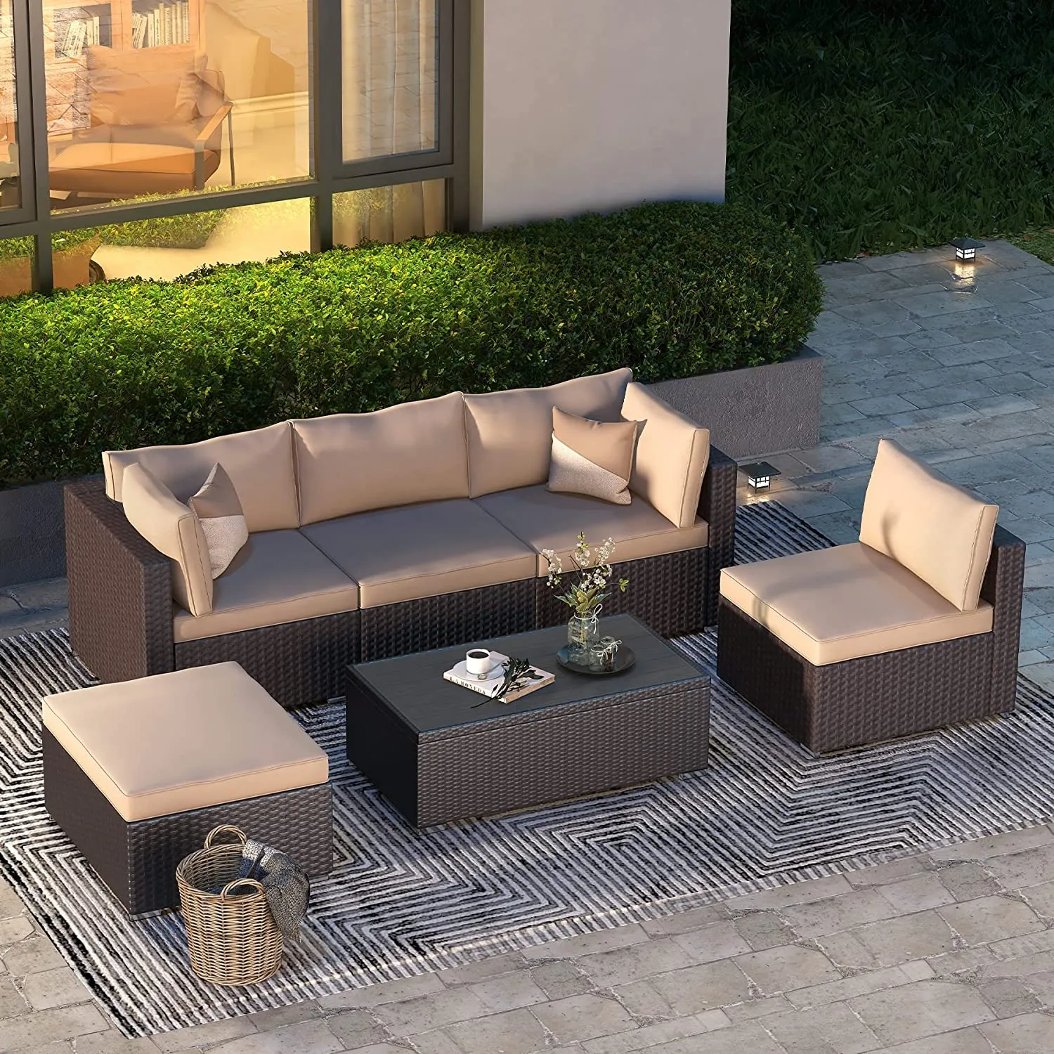 6 Pcs Outdoor Sectional Sofa Set Clearance Patio Rattan Furniture with Coffee Table, All Weather Wicker Conversation Set(Khaki)