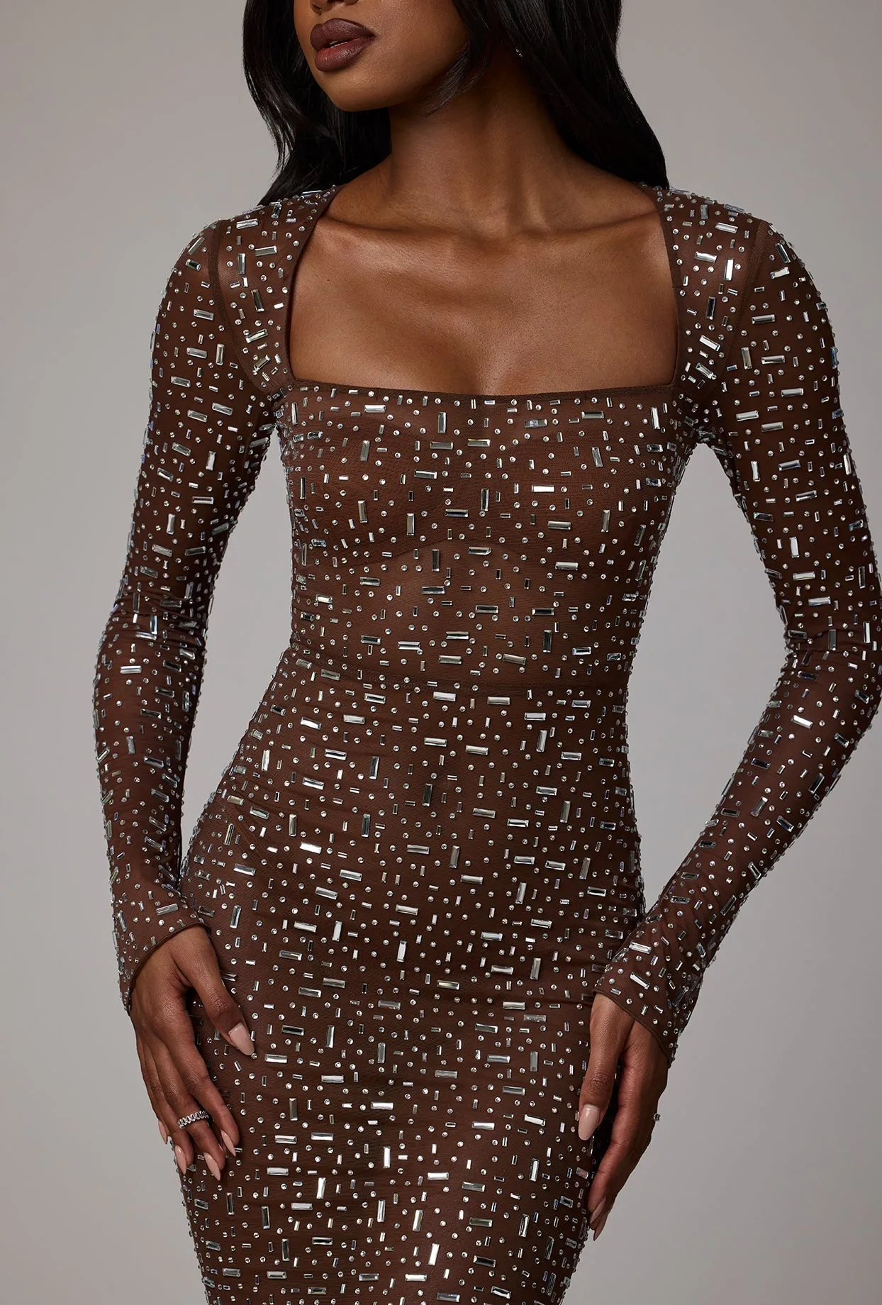 Sheer Embellished Long Sleeve Evening Gown in Deep Cocoa